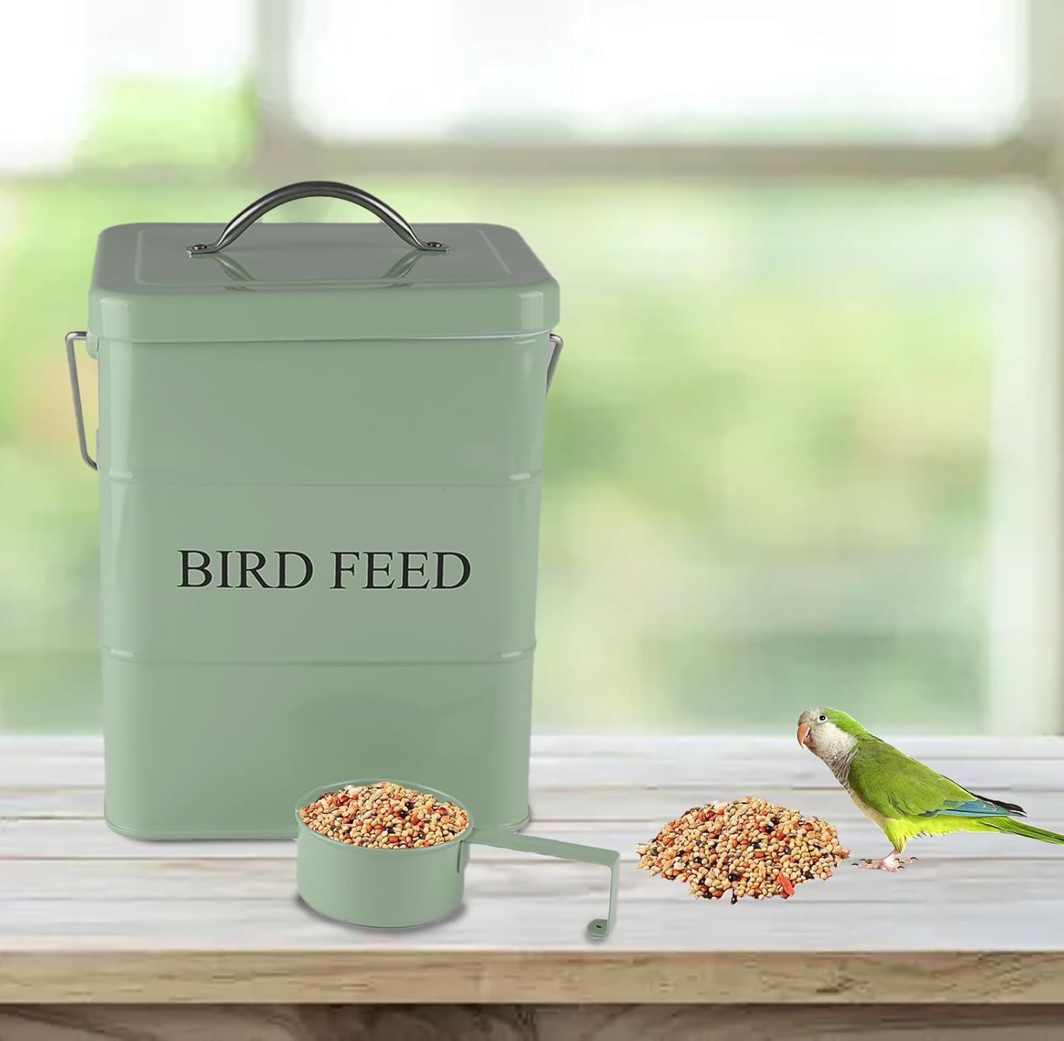 Morezi Bird seed and feed storage tin with lid Included Green-coated Metal Tight Fitting Lids - storage canister tins