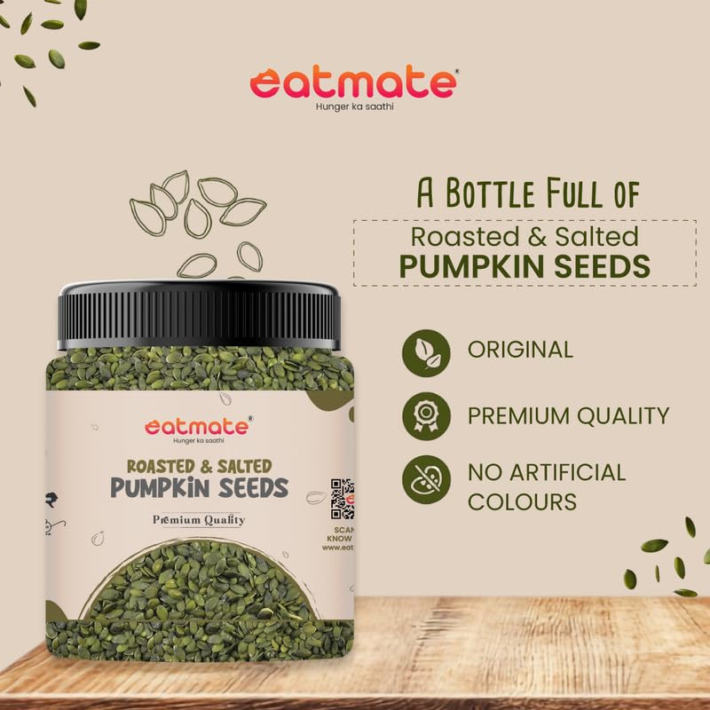 Image of Eatmate Roasted and Salted Pumpkin Seeds | High Fiber Vegetarian Crunchy Snack with Zinc and Magnesium | Natural Diet Protein Rich Seeds for Eating Fitness and Daily Nutrition Pack (500g)