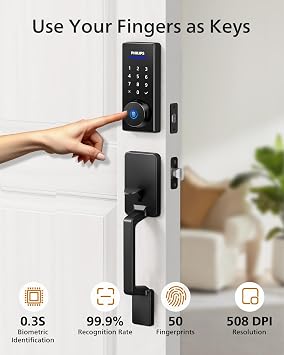 قفل ذكي Wi-Fi من Philips مع مقبض، قفل باب لوحة مفاتيح دخول بدون مفتاح مع مقبض، مجموعة Deadbolt للباب الأمامي مع بوابة WiFi، التحكم في التطبيق، فتح بصمة الإصبع، فتح رمز PIN، قفل تلقائي