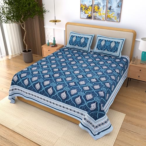 Image of India 100% Pure Cotton Jaipuri Printed Double Bedsheet with 2 Pillow Covers | Traditional Sanganeri Floral Design | Soft Breathable Fabric | King Size Bedsheet for Bedroom (Kaya41)