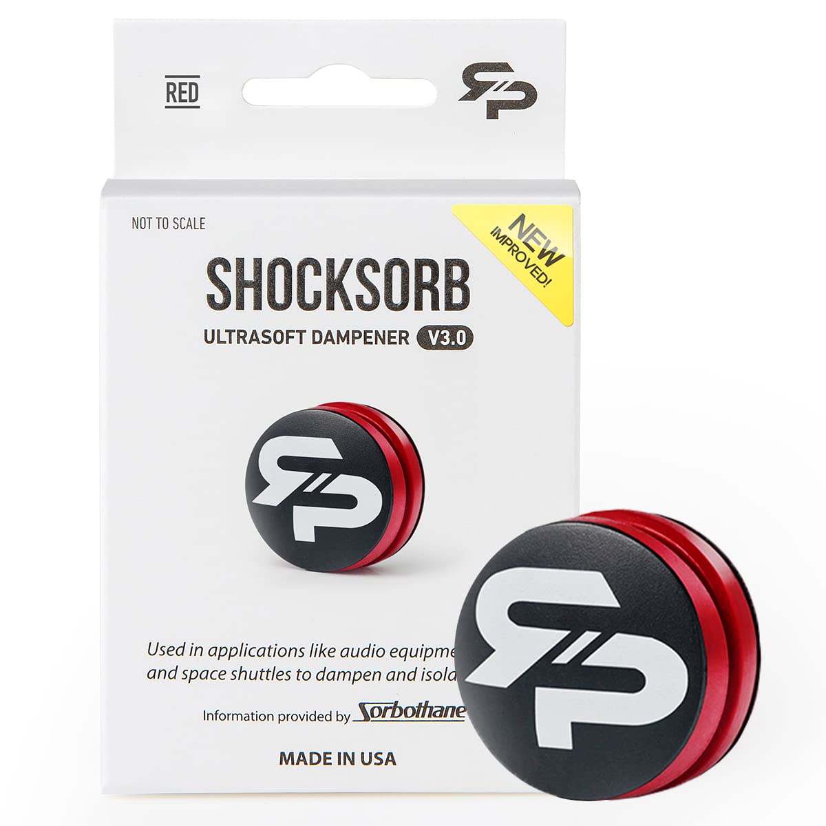 RTP Tennis Racket Vibration Dampener - ShockSorb Original or Ultrasoft V3 The Only Dampener Made for Pain Relief - Handcrafted with Patented Material Sorbothane Made in USA - 1 Pack Limited Warranty Red