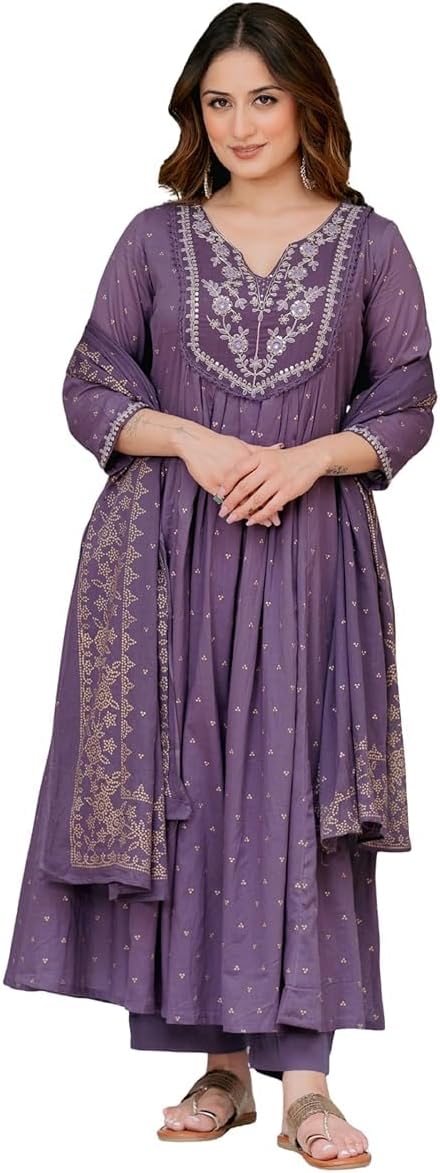 DREAMANGEL FASHION Women's Cotton Embroidered Anarkali Festive Kurta Pant With Dupatta