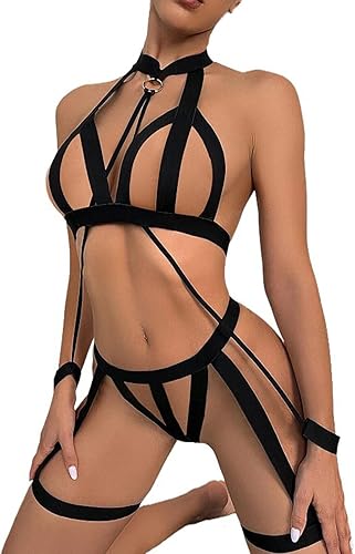 Miniatura 6 de Conjunto de lencería sexy con tirantes halter para mujer, para sexo, travieso, gótico, hueco y bragas con esposas