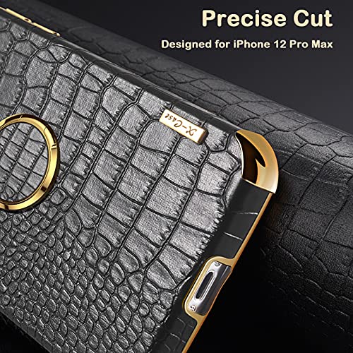 Aowner Compatible With Iphone 12 Pro Max Ring Holder Case Luxury Crocodile Cover Gold Edge 360 Degree Rotation Stand For Women Girls Slim Leather Snake Lizard Skin Protective Cover Case, 6.7 Inch #TOP2