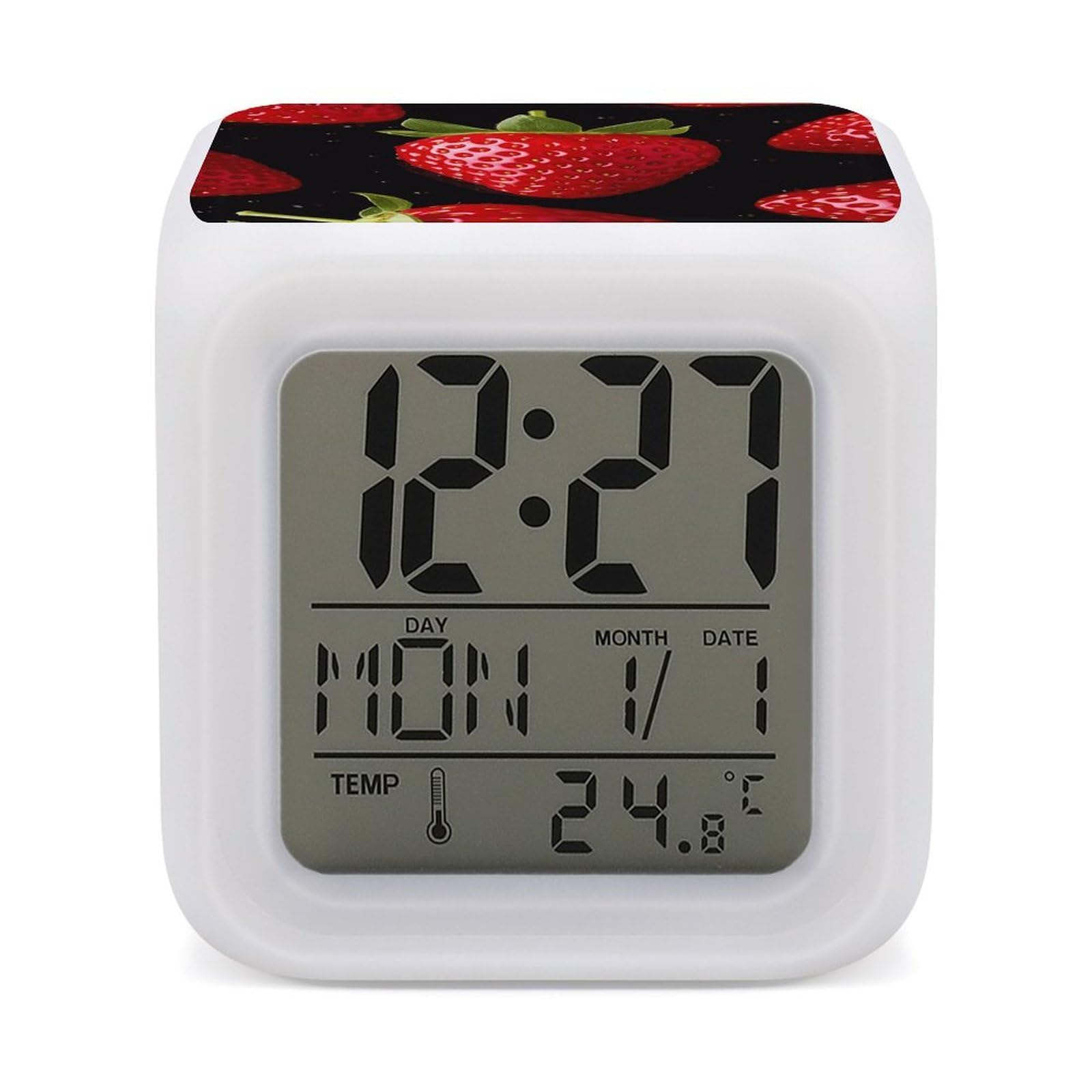FekiLoot Strawberry Alarm Clock for Heavy Sleepers Small Digital Alarm Clock with Date Temperature Wake Up Digital Clocks with 7 Colors Changing Desk Clocks for Bedroom Bedside Nightstand