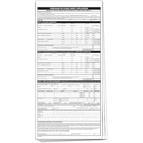 Universal Credit Application Form for Car Lot Dealers – 3-Part Carbonless Snap-Out Automotive Credit Application – 8.5" x 17.5" – Durable Car Dealer Credit Forms for Purchase & Lease - Pack of 100