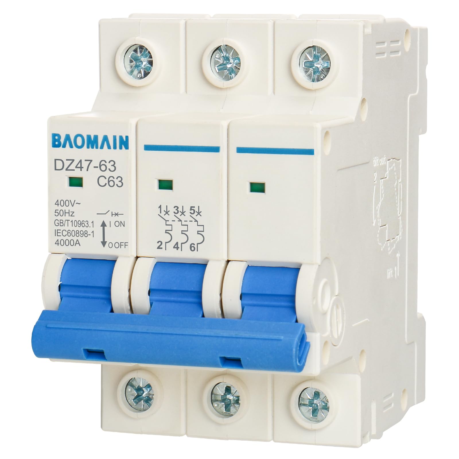 BaomainMiniature Circuit Breaker 3-Pole 63A DZ47-63 C63 400VAC, DIN Rail Mount MCB 3P, for Electrical Distribution and Lighting Circuits