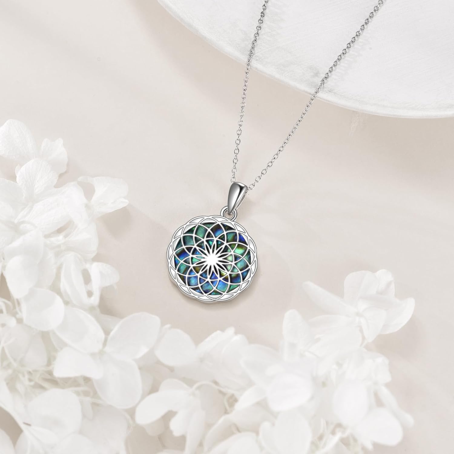 Flower of Life Necklace Sterling Silver Abalone Shell Flower of Life Pendant Jewelry for Women - Image 3