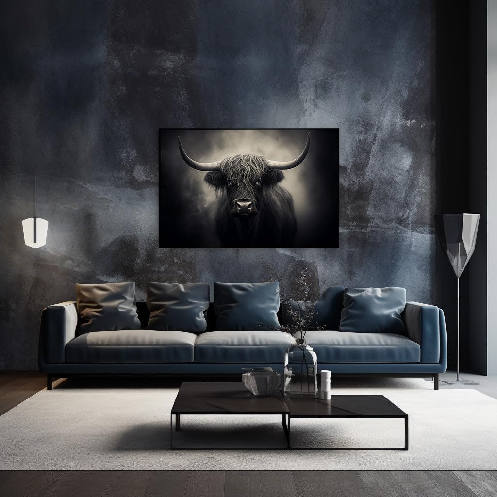 Canvas for Living room. Mysterious Highland Guardian Emerging from Misty Veils, 27 x 18 inch Canvas Wall Art - Surrealistic Visions - Modern Home Decor