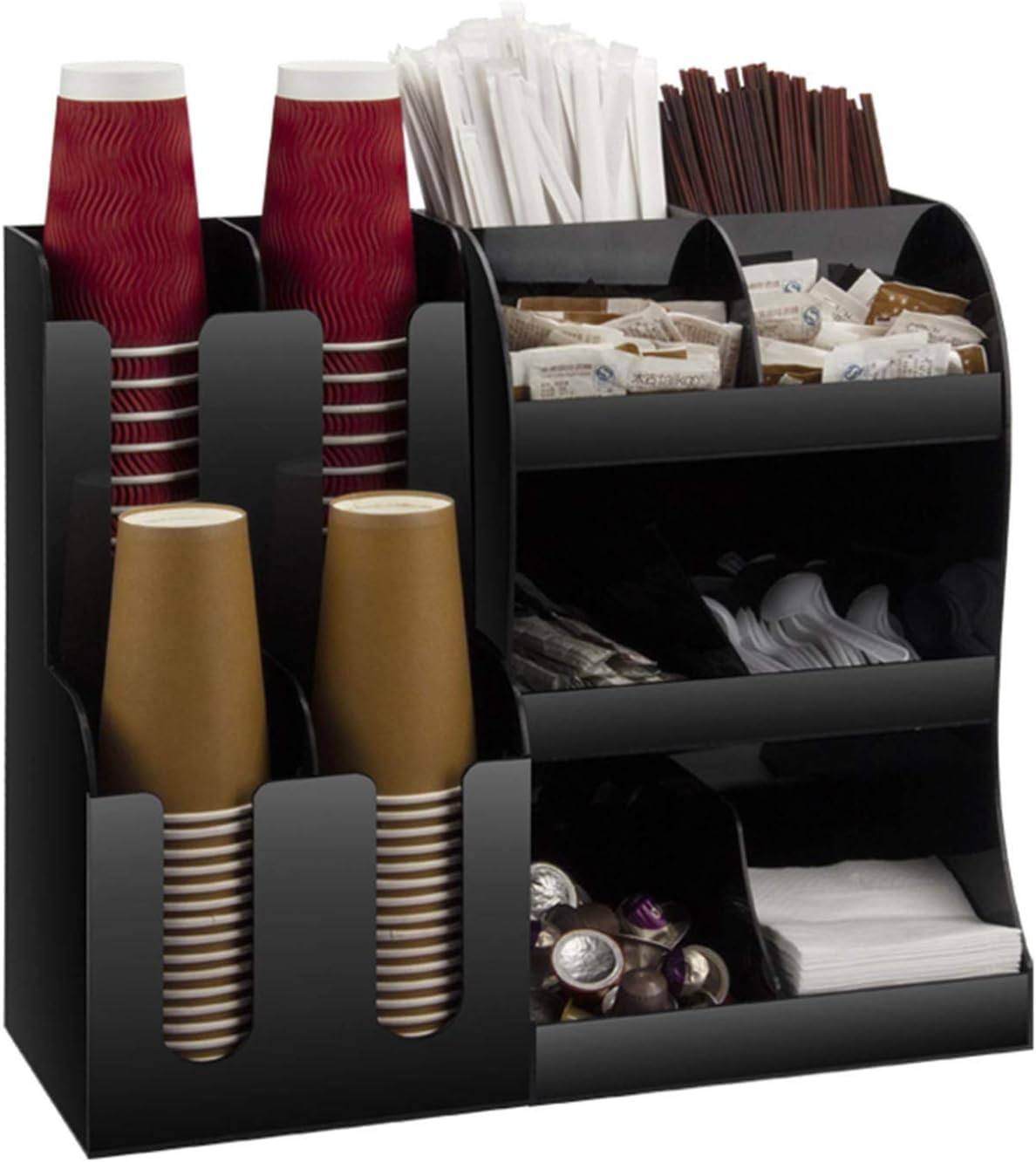 Kaffee-Organizer-Station mit 4 Becherhaltern – 12 Fächer für Rührer, Zucker, Snacks und Kaffeezubehör
