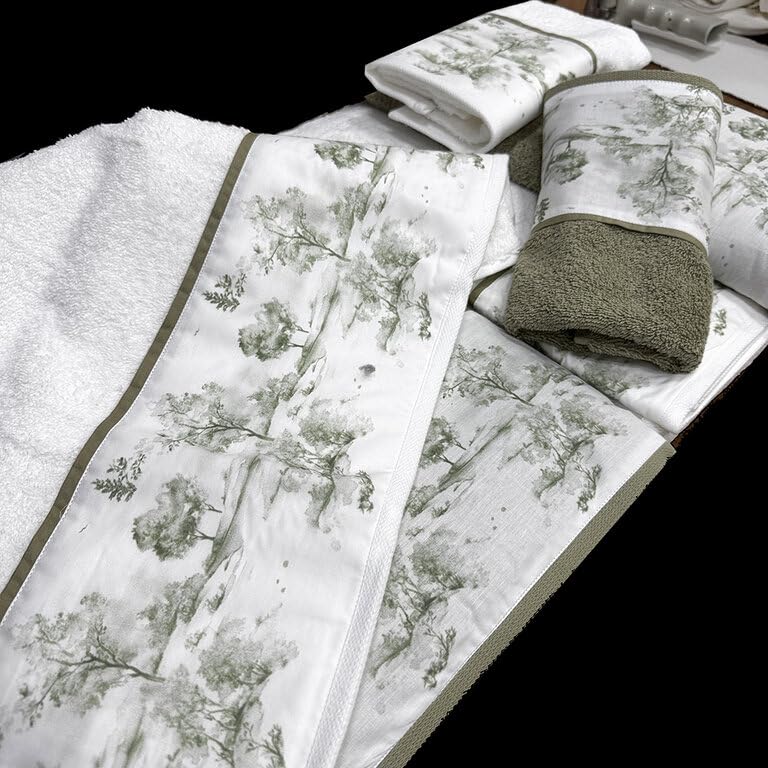 Dos Juegos DE Toallas Toile DE JOUY Bosque Blanco Y Verde