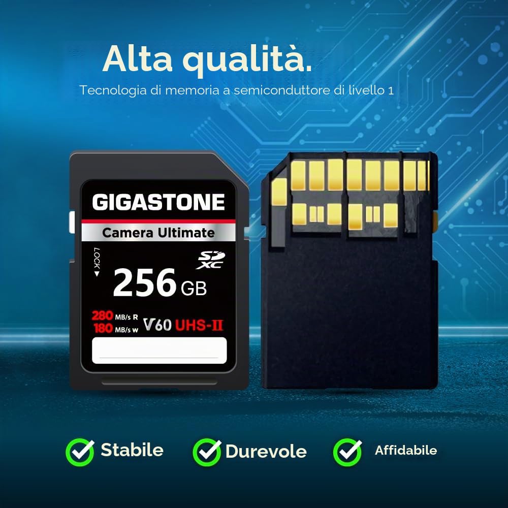 GIGASTONE UHS-II V60 256GB SD Card Camera Ultimate, Velocità fino a 280/180MB/s, U3 SDXC 4K Ultra HD UHD Video per DSLR Canon, Nikon, Sony, Pentax, Kodak, Panasonic, con 1 mini custodia