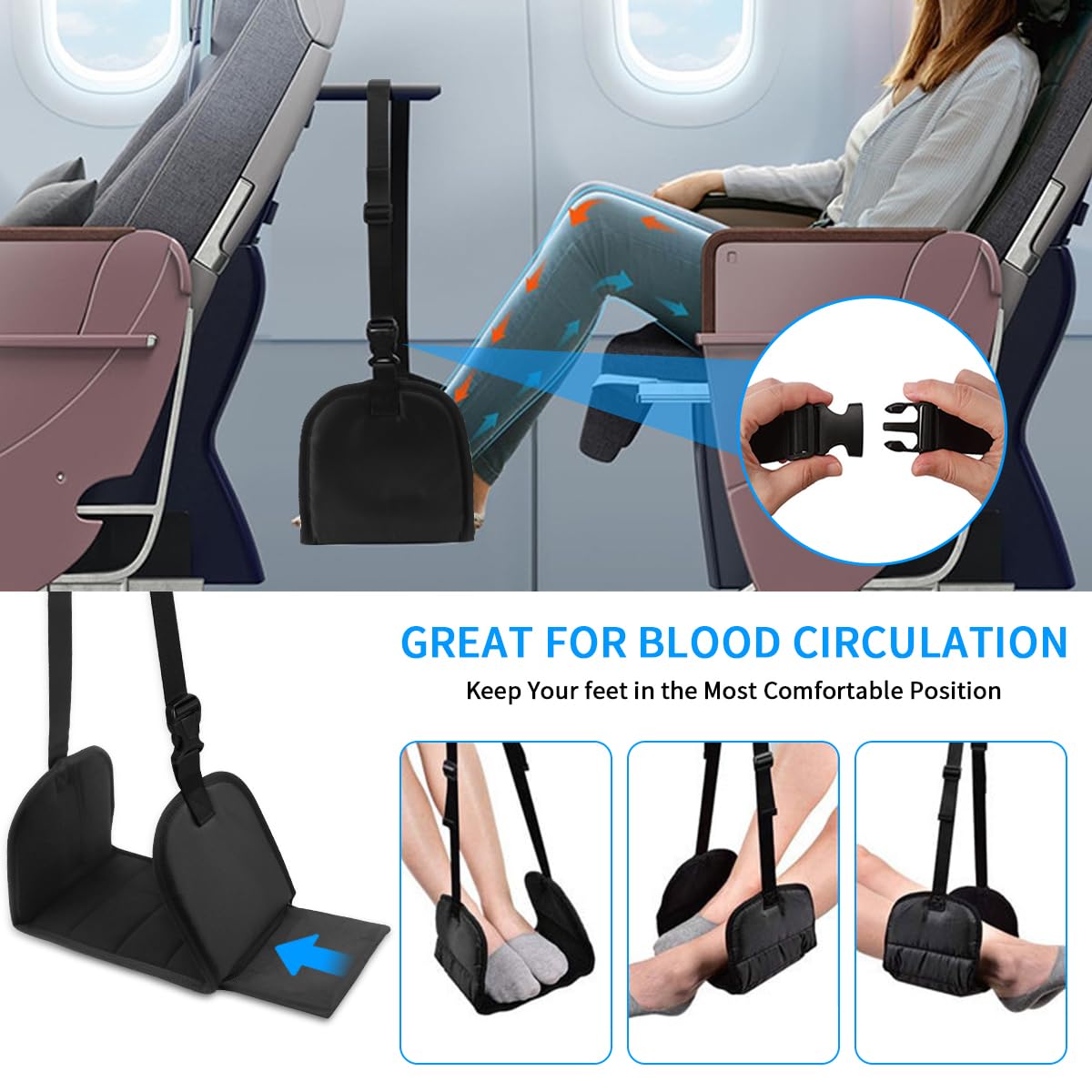 Poggiapiedi Volo, Poggiapiedi da viaggio con schiuma a memoria di forma, Poggiagambe Portatile Regolabile per aerei,Travel Essentials Piede Amaca con Piatti di Supporto