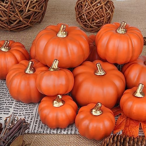 Image of Artmag Artificial Pumpkins Bulk 12Pcs Assorted Sizes Harvest Lifelike Pumpkin Fake Foam Pumpkin for Fall Autumn Halloween Home Party Thanksgiving Party Holiday Decor Dark Orange