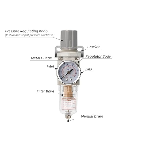 Miniatura 2 de Combo Regulador de Filtro de Compresor de Aire Neumático 1/4" NPT 150 PSI con Calibrador Ajustable - Separador de Agua, Soporte de Metal, Drenaje