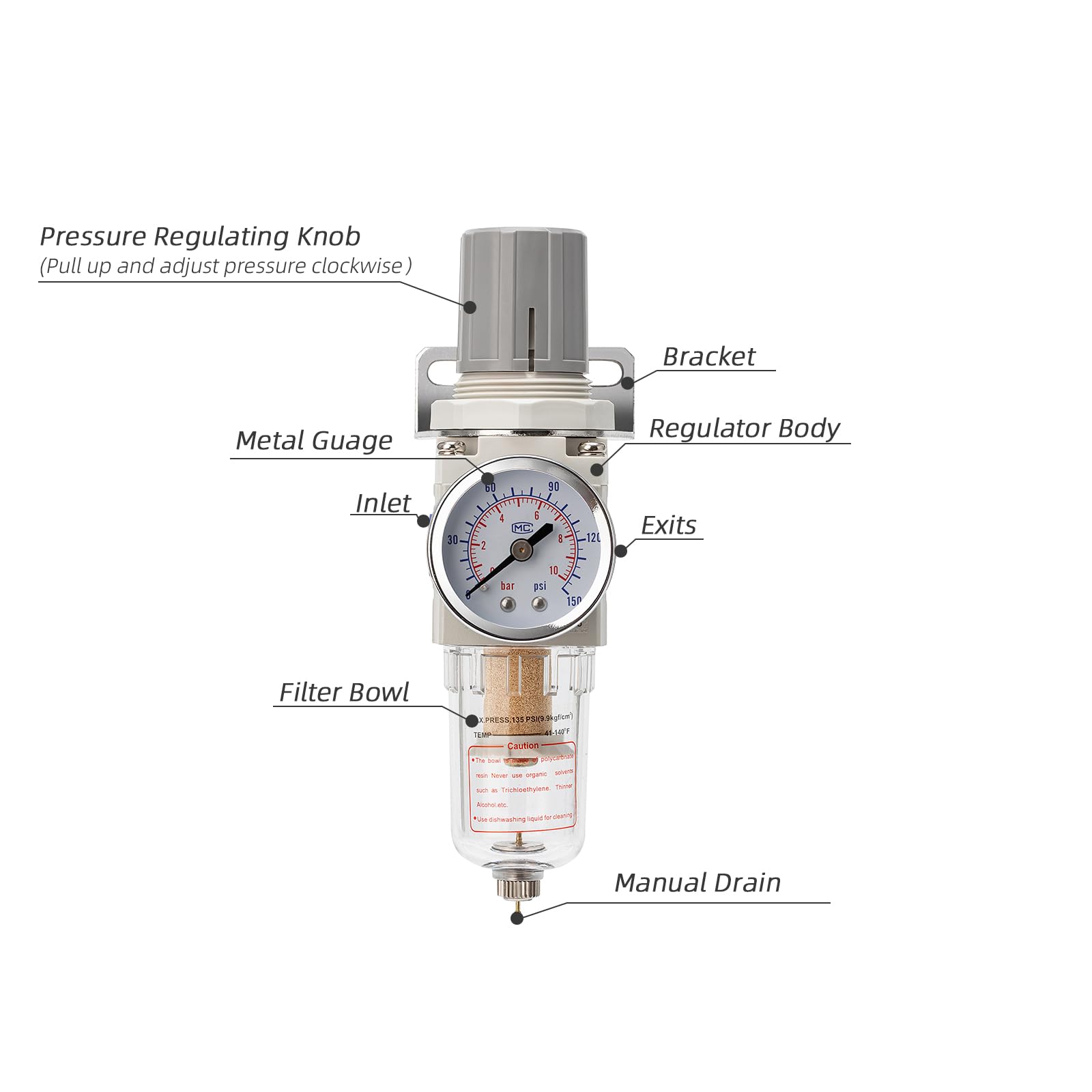 Pneumatic Air Compressor Filter Regulator Combo 1/4" NPT 150 PSI w/Adjustable Gauge-Water Separator,Metal Bracket,Manual Drain,5 Micron Brass Cartridge — Amazon image 2