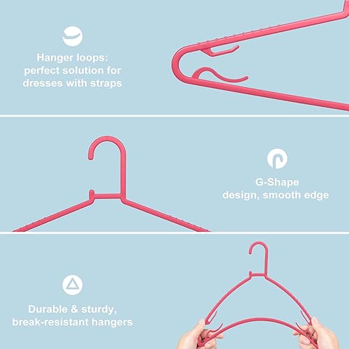 Miniatura 3 de Perchas de plástico, paquete de 50 perchas ligeras y duraderas con ganchos, tamaño estándar, en forma de G y antideslizantes, para uso diario (rosa)