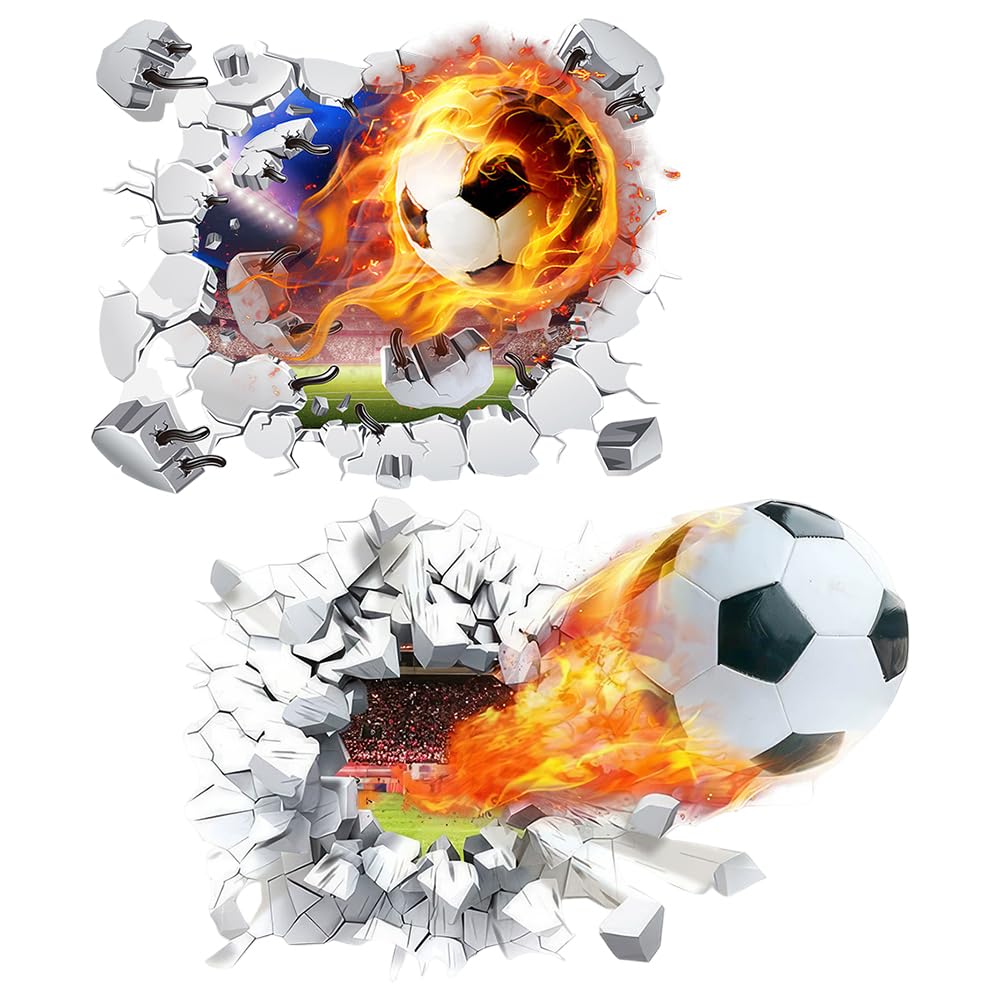 Football Wall Stickers 3D Decals, 2PCS Football Wallpaper 3D Smash Wall Removable Walls Art Decal Walldecals Room Accessories 3D Effect Walls Stickers for Offices Living Room Bedroom