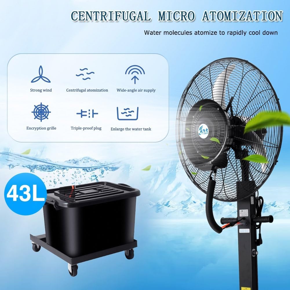 Portable Misting Fan Commercial Industrial Floor Fan Large Water Mist Cooling Spray Fan For Yard Patio Camping Oscillation Cooling Fans With 4 Casters(26in)