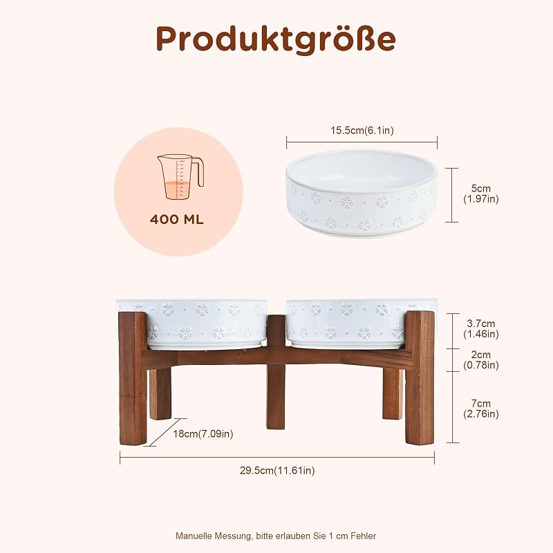 Bol ceramic pentru câini SPUNKYJUNKY pe suport înălțat din lemn de salcâm, pentru câini de talie medie și mare, 15,5 cm, plat