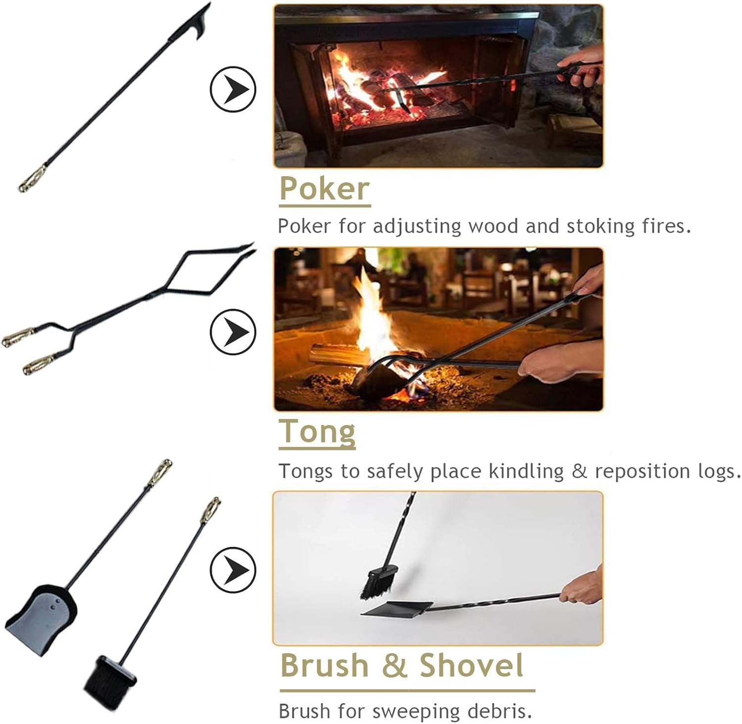 Antique Fire Pit Tools Set 5 Piece for Fireplace,Wrought Iron Rust Resistant Wood Stove Hearth Tools Holder with Comfortable Handles,Black