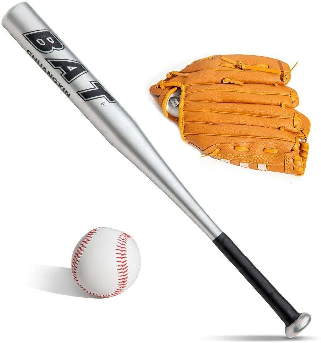 D.I.L ™ Baseball Bat+Baseball+Glove set 25" 28" 30" 32" 34" Aluminium Glove Lightweight Full Size Youth (SILVER, 25"bat+gloves+ball)