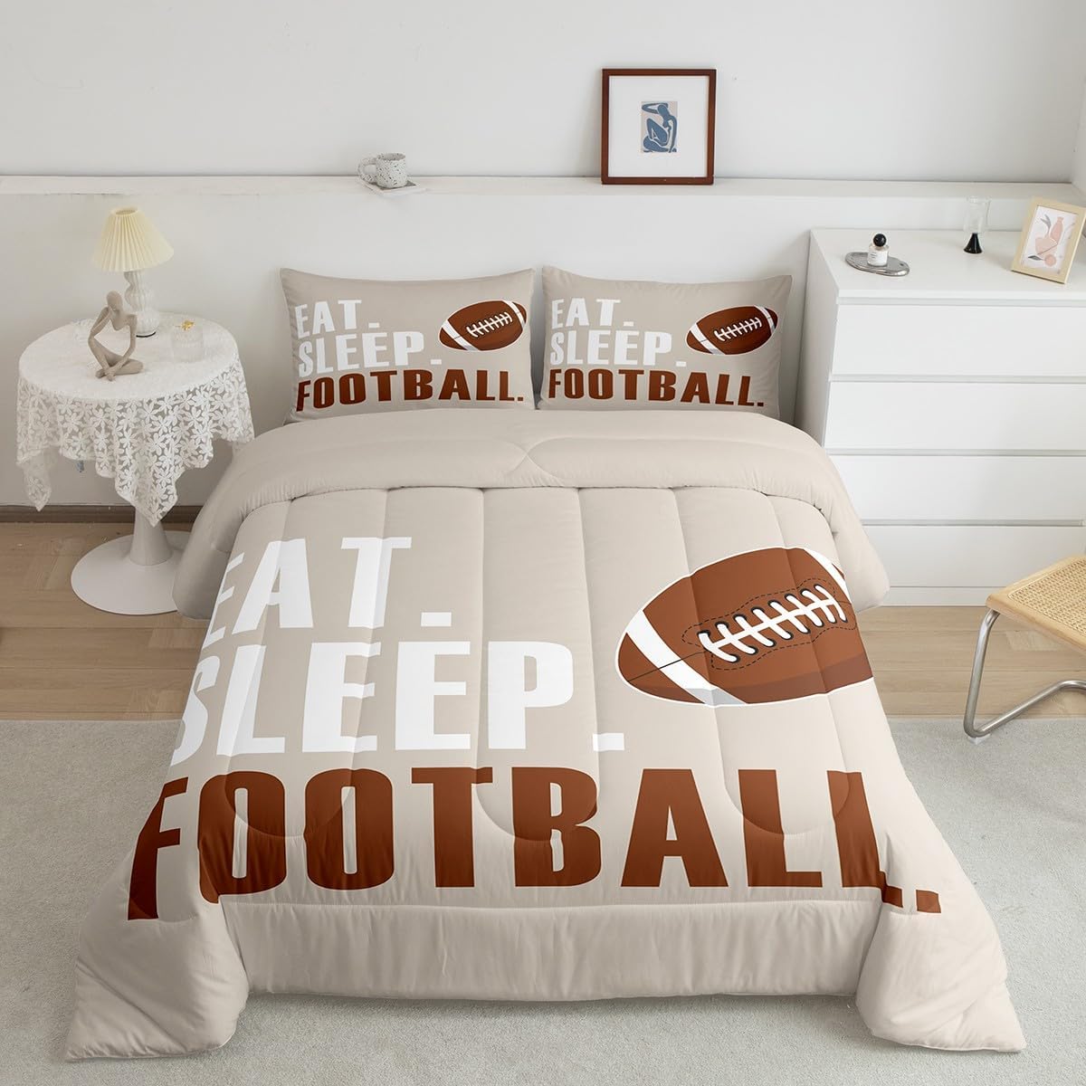 Feelyou Football Comforter Set Rugby Sports Bedding Set Queen Size for Kids Boys Girls Teens Beige Brown Sports Ball Game Comforter Gift for Football Lover Duvet Set with 2 Pillow Case