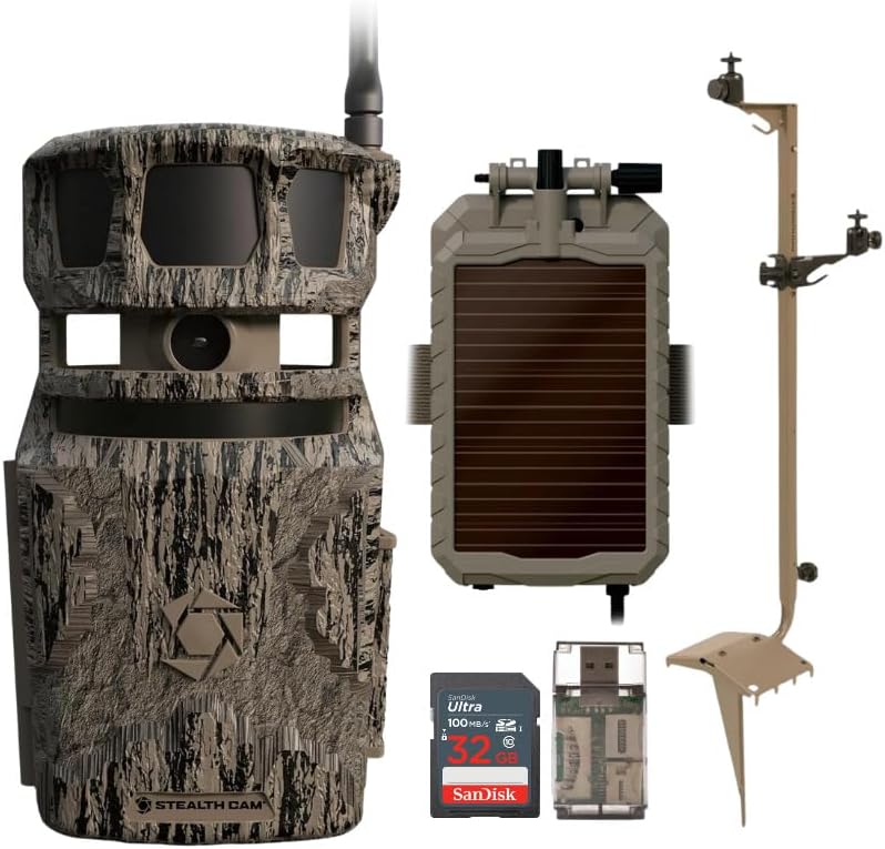 Stealth Cam Revolver 40MP Pro 360-Degree Cellular Trail Camera Bundle with Adjustable Multi-Pivot Mounting Post, Solar Power Panel, 32GB Ultra SDHC UHS-I Memory Card, and SD Card Reader (5 Items)