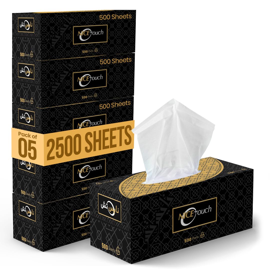 Facial Tissue Boxes, 1 Ply x 5 Black Tissue Packs of 500 Sheets each, Soft Feel Tissue Suitable for All Skin Types and Germ Protection