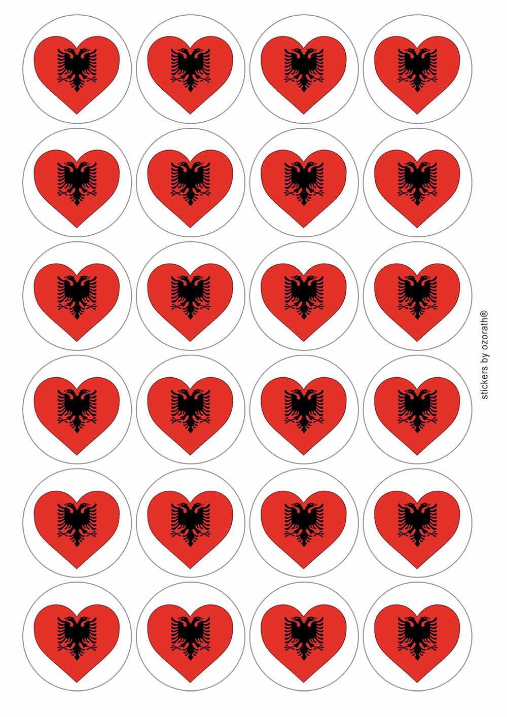 Ozorath Multicolor Albania Albanian National Flag Heart Circular Matt Paper Stickers A4 Sheet Of 24 (Each Sticker Is 45Mm Diameter)