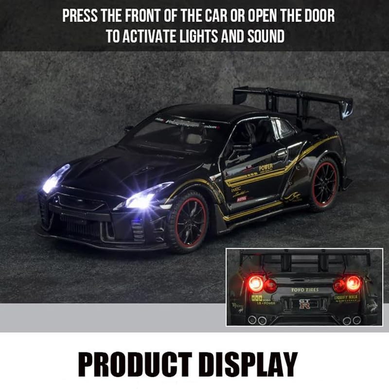 Image of Kids Model 1:32 Nessan R35 Die Cast Metal Car Pull Back Action Opening Doors with Realistic Engine Sound Lights Toy Car Gift for Boys - Black