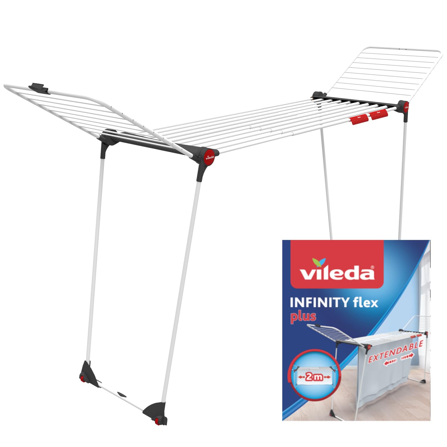 Vileda Infinity Flex Plus Clothes Airer | Extendable Drying Rack up to 2m | Indoor Laundry Dryer holds up to 3 Wash Loads | Foldable Indoor Drying Rack | Ideal for Bedding & Long Items