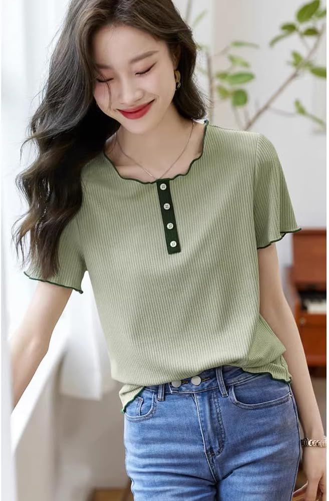 FEISEDY Tシャツ 夏 半袖 通勤 快適 薄手 夏トップス カジュアル 可愛い A8177 - 涼しげなリブ生地