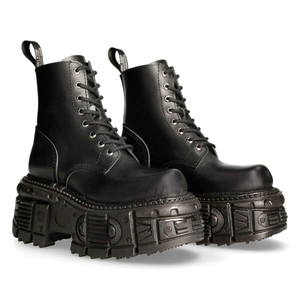 Stivali Unisex New Rock M-MILI084N-S5 in 100% Vera Pelle Techno Nera Metallizzata con Plateau e Chiusura con Lacci da Militare