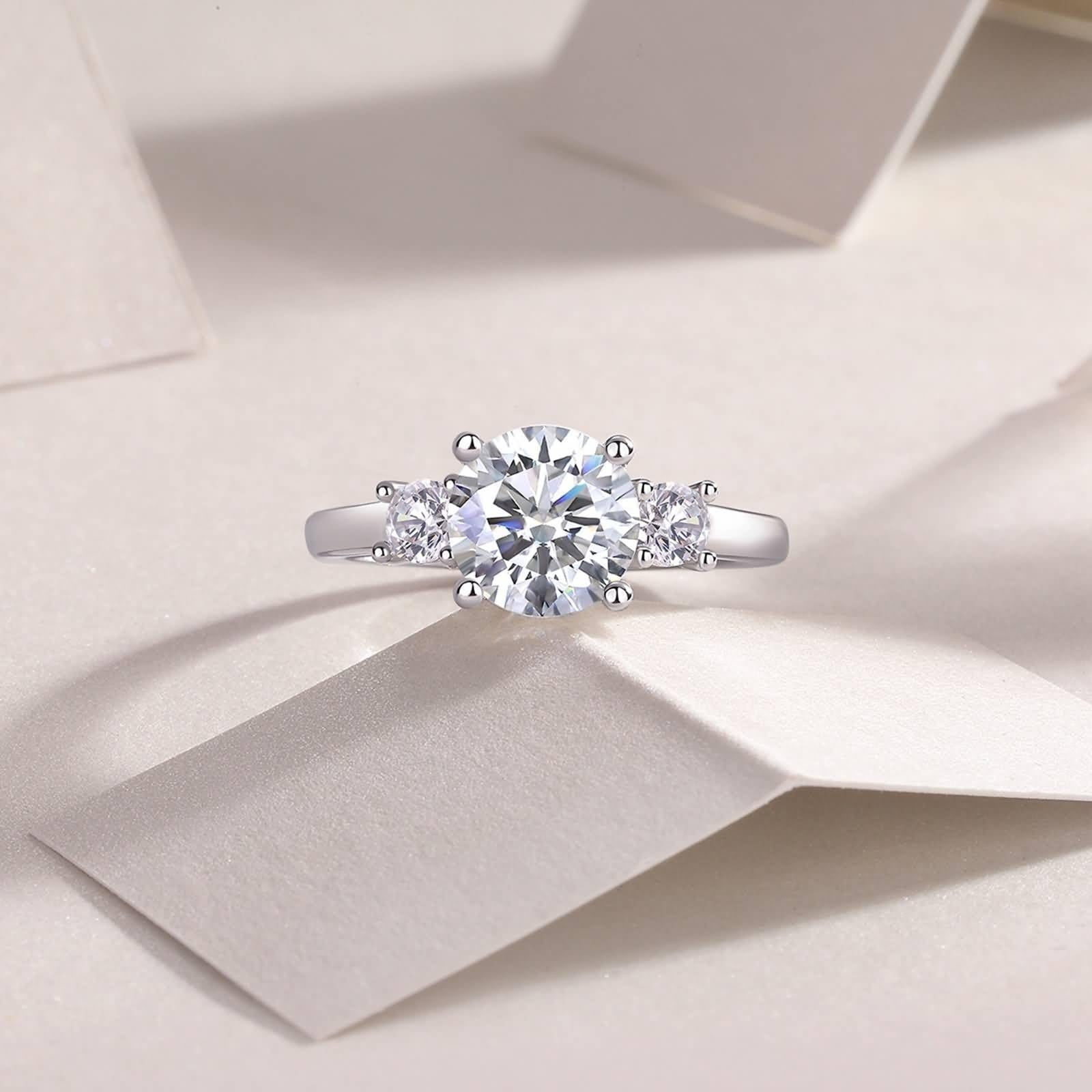 Ringe Frauen Zart, Damenring Daumen Schmaler, Glatter Ring mit 2 Ct Rundem Moissanit Silber 14K Weißgold Größe 57 (18.1)