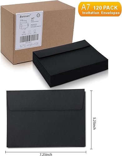 Miniatura 3 de 120 sobres de invitación negros A7 de 5.25 x 7.25 pulgadas, diseño sin ventanas, sobres autosellables de 120 GSM para invitaciones, tarjetas de