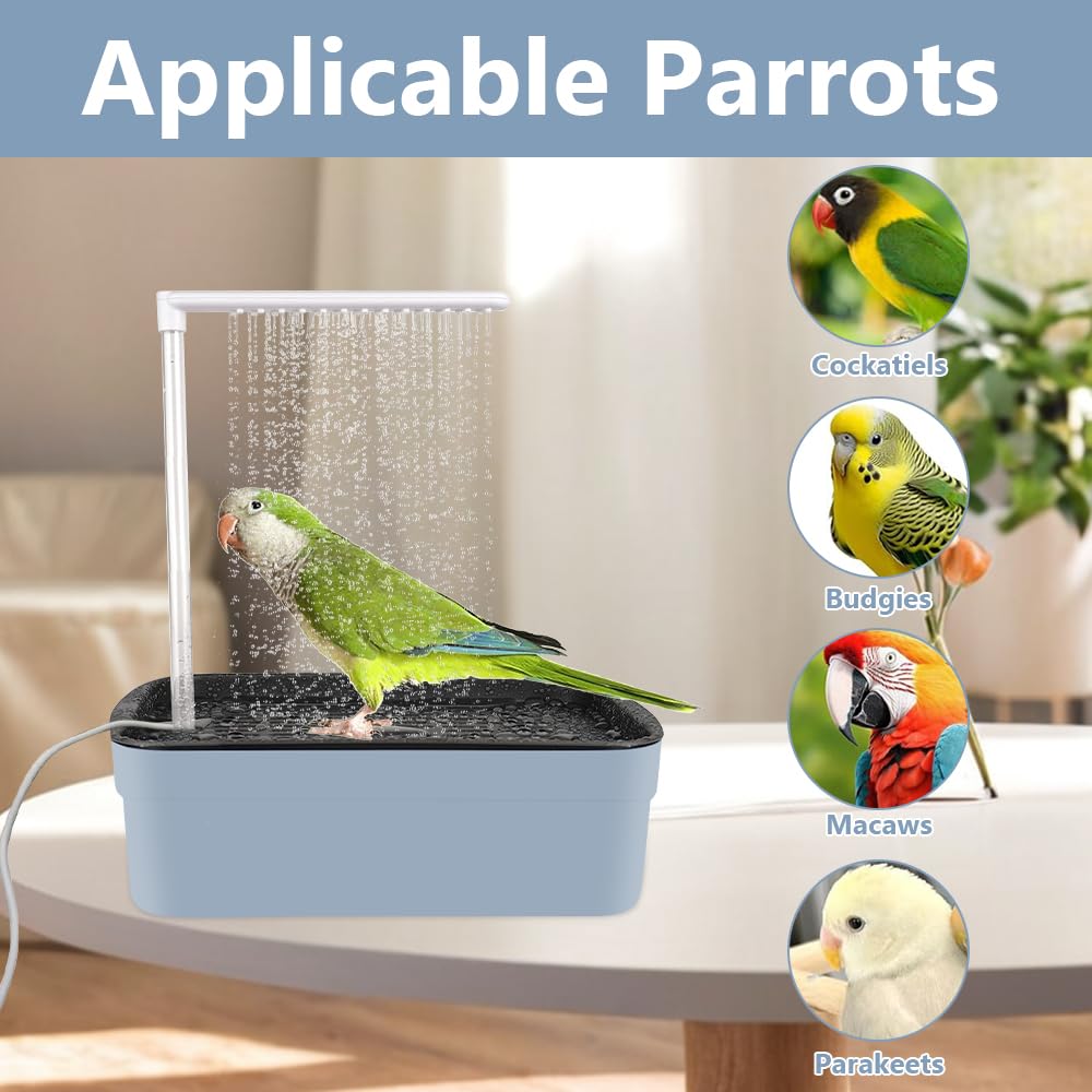 Vogeldusche Wellensittich, Automatische Vogel Dusche mit Pumpe, Vogelbad mit Wasserkreislauf und Mehreren Wasserhähnen, Vogel Badehaus Badewanne für Wellensittiche, Sittiche (Grau)