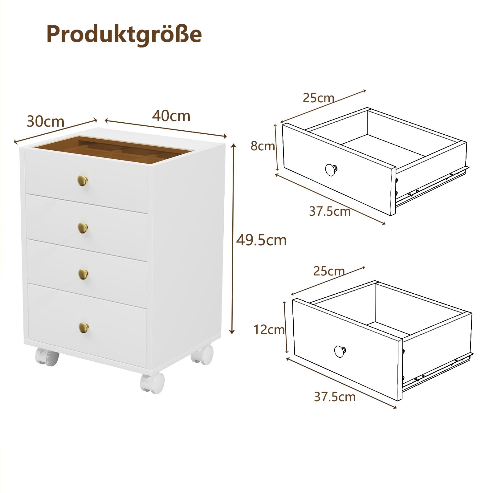 Rollcontainer mit 4 Schubladen, Mobiler Aktenschrank mit Rädern, Druckerständer, Aktenschrank mit Glasplatte, für Homeoffice, Büro, 40 x 30 x 50 cm, Weiß
