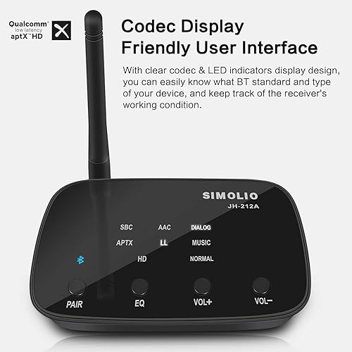 Miniatura 2 de SIMOLIO Receptor Bluetooth con pantalla de códec EQ y BT, adaptador de audio inalámbrico de 197 pies con aptX LL y aptX HD para altavoces estéreo