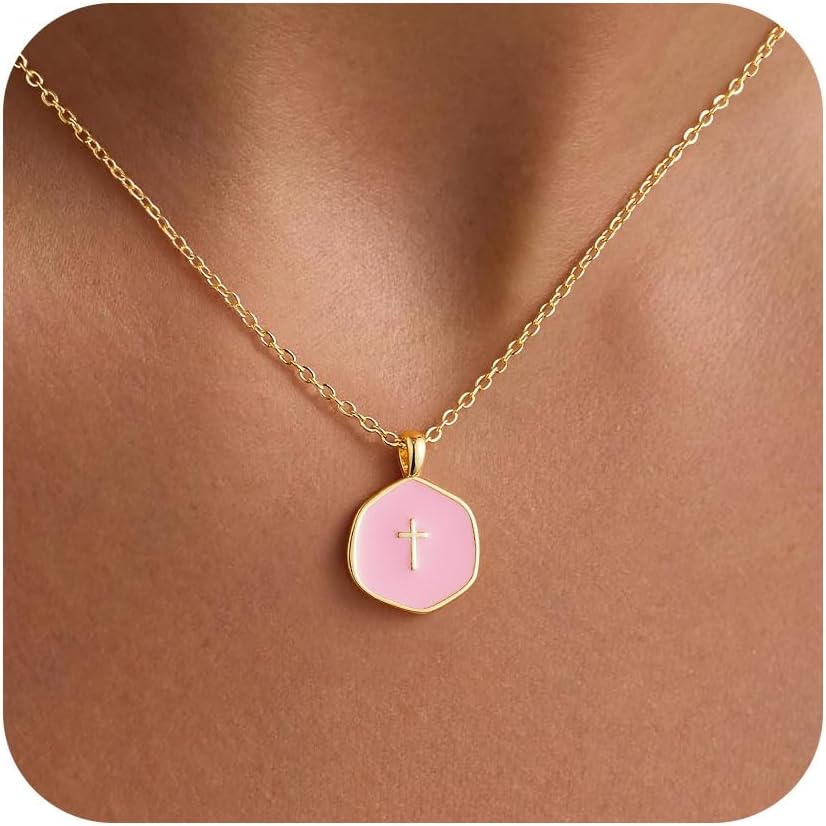 M MOOHAM Enamel Mini Cross Necklace for Women Girls, Dainty 14K Gold Plated Cross Choker Pendant Jewelry Non Tarnish Trendy Simple Small Cross Necklace Christian Baptism Religious Faith Jewelry Gifts