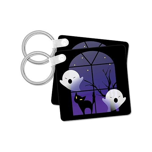 3dRose, Halloween Ghosts and Cat in House, Key Chain