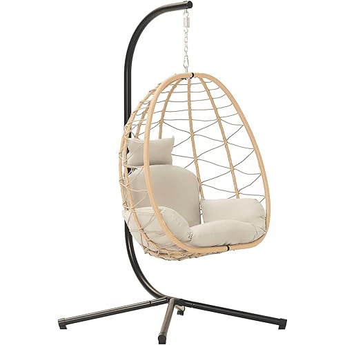 LEX CRAFT Egg Chair with Stand, Swing Chair Hanging Chair Nest Basket, UV Resistant Removable & Washable Cushions,350LBS Capacity for Bedroom, Balcony, Garden（YE-BE