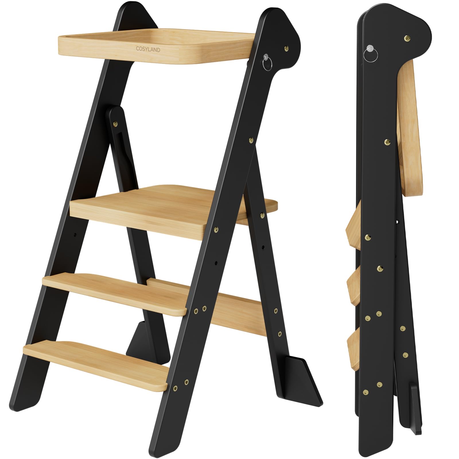 COSYLAND Tour d’Observation Montessori Enfant Pliable – If Design Award, Tour d’Apprentissage en Bois Réglable en Hauteur dès 1 an avec Filet de Sécurité, Kitchen Helper Bébé – Noir & Naturel