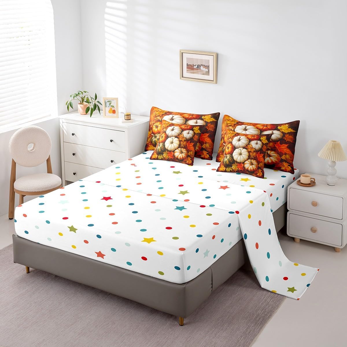 Erosebridal Fall Harvest Theme Queen Comforter Set 7 Piece for Kids Boys Girls Adults Fall Pumpkin Bed in A Bag with Sheets Maple Leaf Print Bedding Set Retro Rustic Bed Set Room Decor