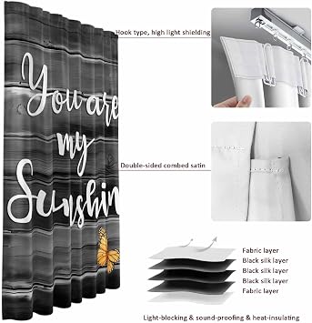 Yellow Sunflower Blackout Curtains for Bedroom, Butterfly Sunshine Black Farmhouse Wood Room Darkening Curtains for Living Room with Hooks, Thermal Insulated Drapes 2 Panels, 79 Wx32 L