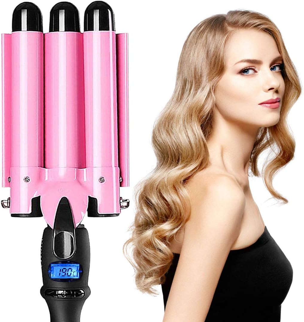 3-Barrel Curling Iron Ceramic Tourmaline Crimper with LCD Display & Dual Voltage Crimper Hair Tool for Women Beach Waves with Adjustable Temp (Pink)