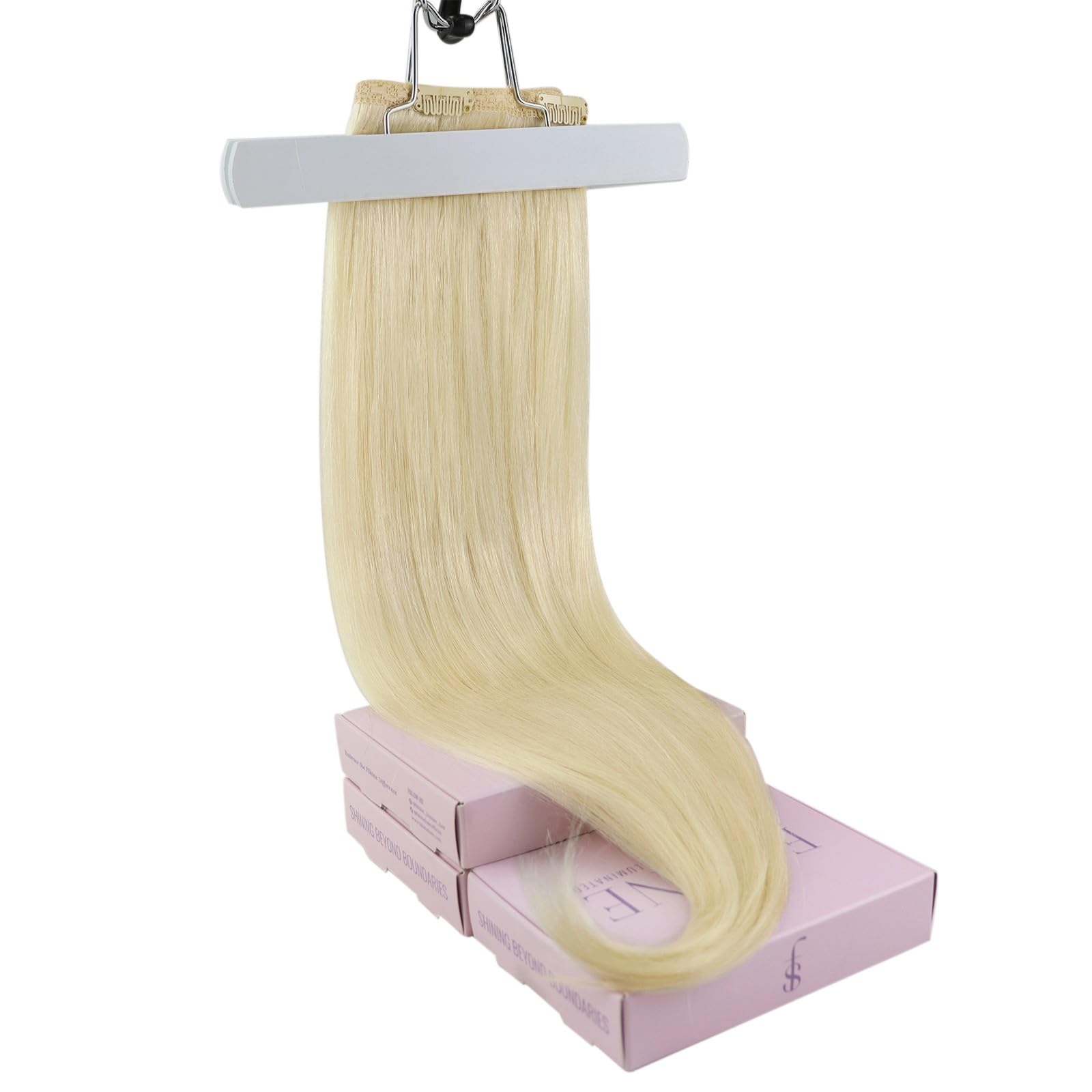 Fshine Clip Extensiones Humano 22 Pulgadas 55CM 120g Extensiones de Pelo Rubio Blanco Remy Hair Clip in Extensiones 7 Piezas Color 60 Extensiones de Cabello Natural Color 60 — view 6