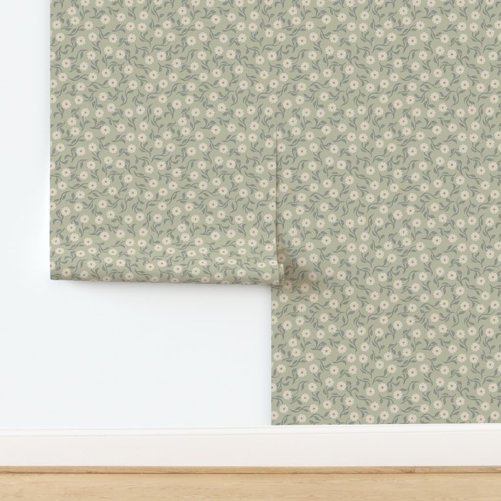 Removable Wallpaper Swatch - Sage Green Floral Vintage Cream Neutral Traditional Custom Pre-Pasted Wallpaper by Spoonflower