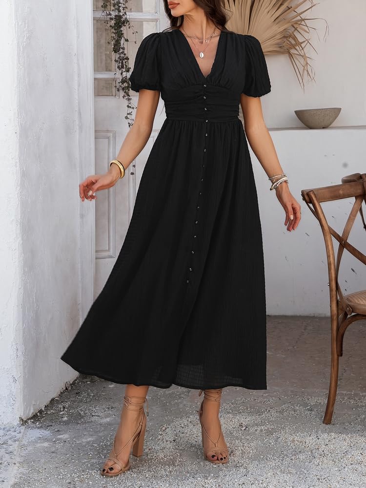 Women Summer Casual Midi Dress Puff Sleeve V Neck Ruched Button Front Split Boho Beach Vacation Wedding Dresses 20253