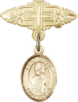 Gold Filled Baby Badge with St. Dennis Charm and Badge Pin with Cross 1 X 3/4 inches